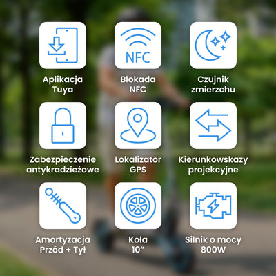 MOTUS Scooty 10 Max - najważniejsze funkcje: aplikacja Tuya, blokada NFC, lokalizator GPS, amortyzacja przód i tył