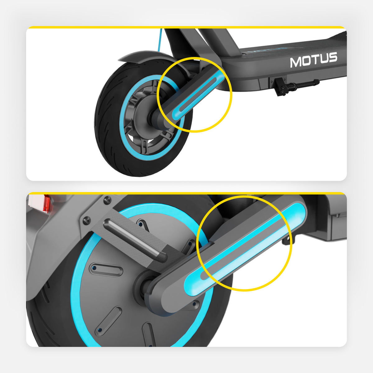 Przednie i tylne koło hulajnogi elektrycznej MOTUS Scooty 10 Max z wahaczami amortyzacji, jasne studio.