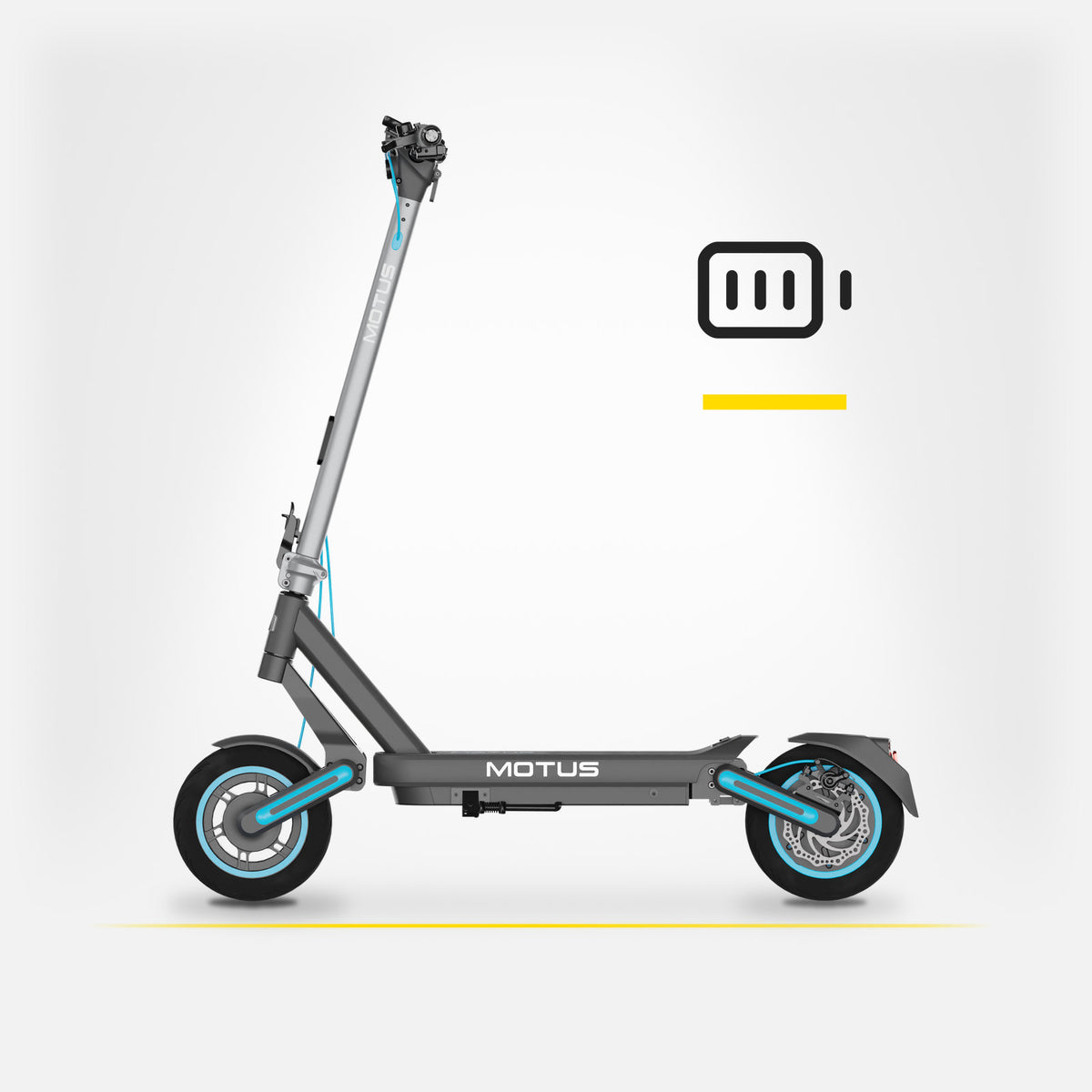 Hulajnoga elektryczna MOTUS Scooty 10 Max z profilu i ikona baterii 48 V 15 Ah, jasne studio.