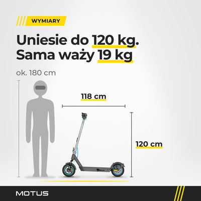 Hulajnoga elektryczna MOTUS Scooty 10 Pro z profilu obok sylwetki człowieka ok. 180 cm: długość 118 cm, wysokość 120 cm, waga 19 kg, nośność do 120 kg.