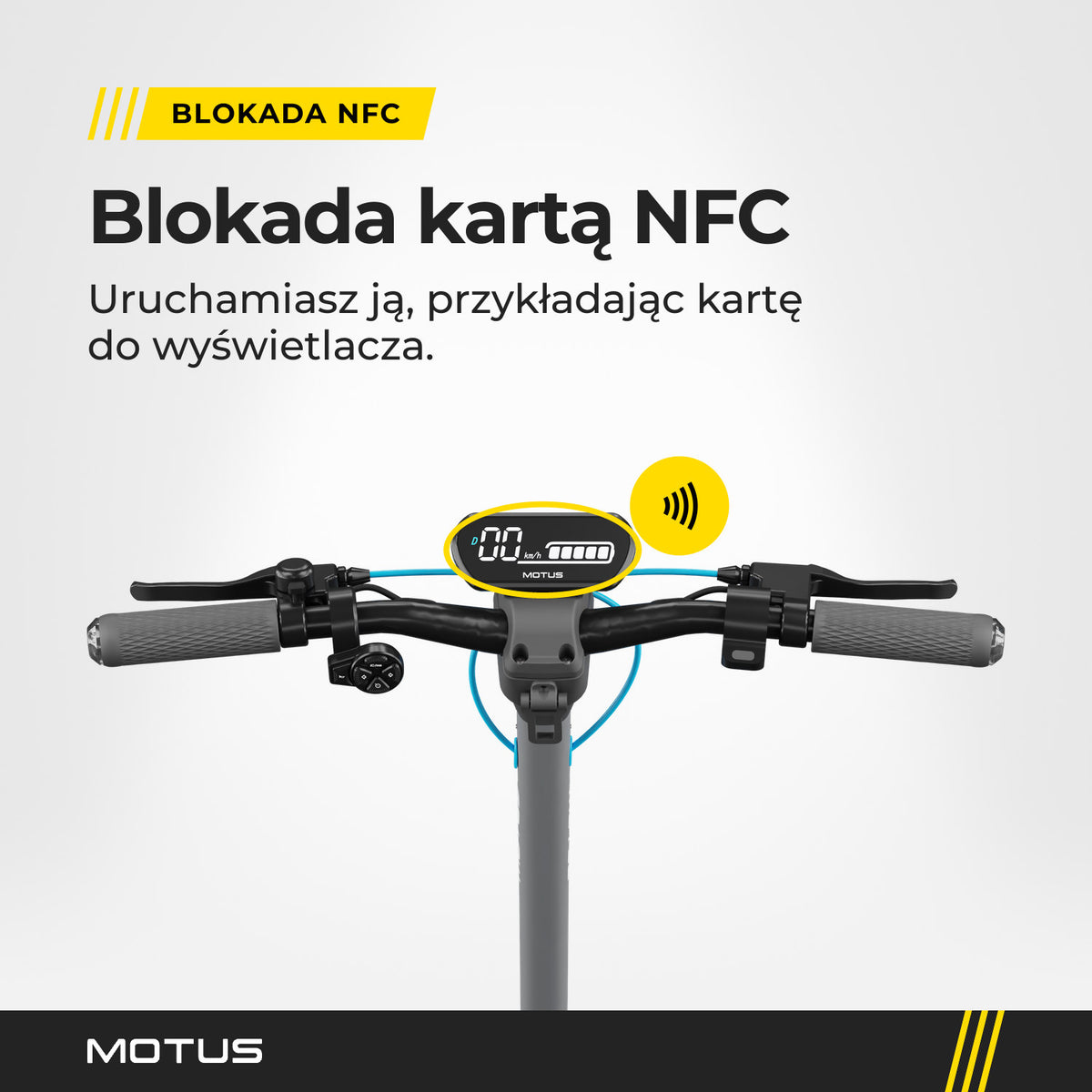 Kierownica hulajnogi elektrycznej MOTUS Scooty 10 Pro z zaznaczonym wyświetlaczem i ikoną NFC: uruchamiasz ją, przykładając kartę do wyświetlacza.