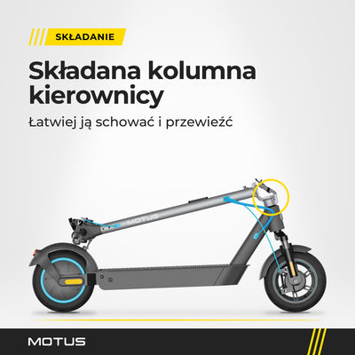 Złożona hulajnoga elektryczna MOTUS Scooty 10 Pro z boku, kolumna kierownicy położona nad podestem, jasne studio.