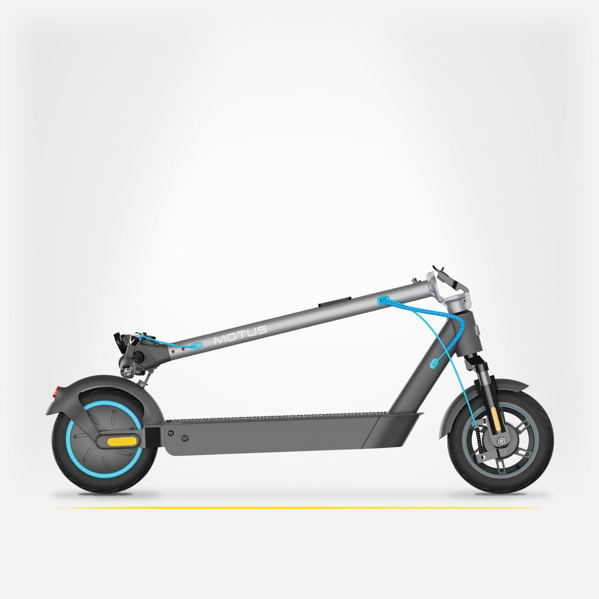 Złożona hulajnoga elektryczna MOTUS Scooty 10 Pro z boku, kolumna kierownicy położona nad podestem, jasne studio.