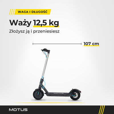 Hulajnoga elektryczna MOTUS Scooty 8.5 z profilu z linią wymiaru: długość 107 cm, waga 12,5 kg.