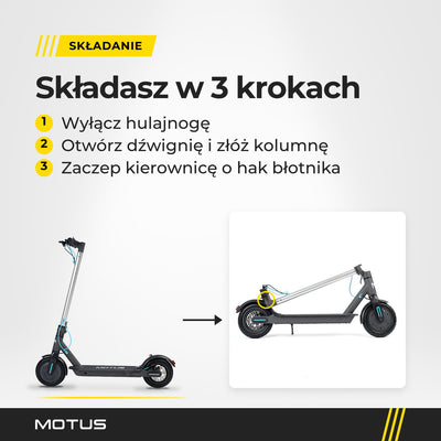 Składanie MOTUS Scooty 8.5 w 3 krokach: wyłącz hulajnogę, otwórz dźwignię i złóż kolumnę, zaczep kierownicę o hak tylnego błotnika.