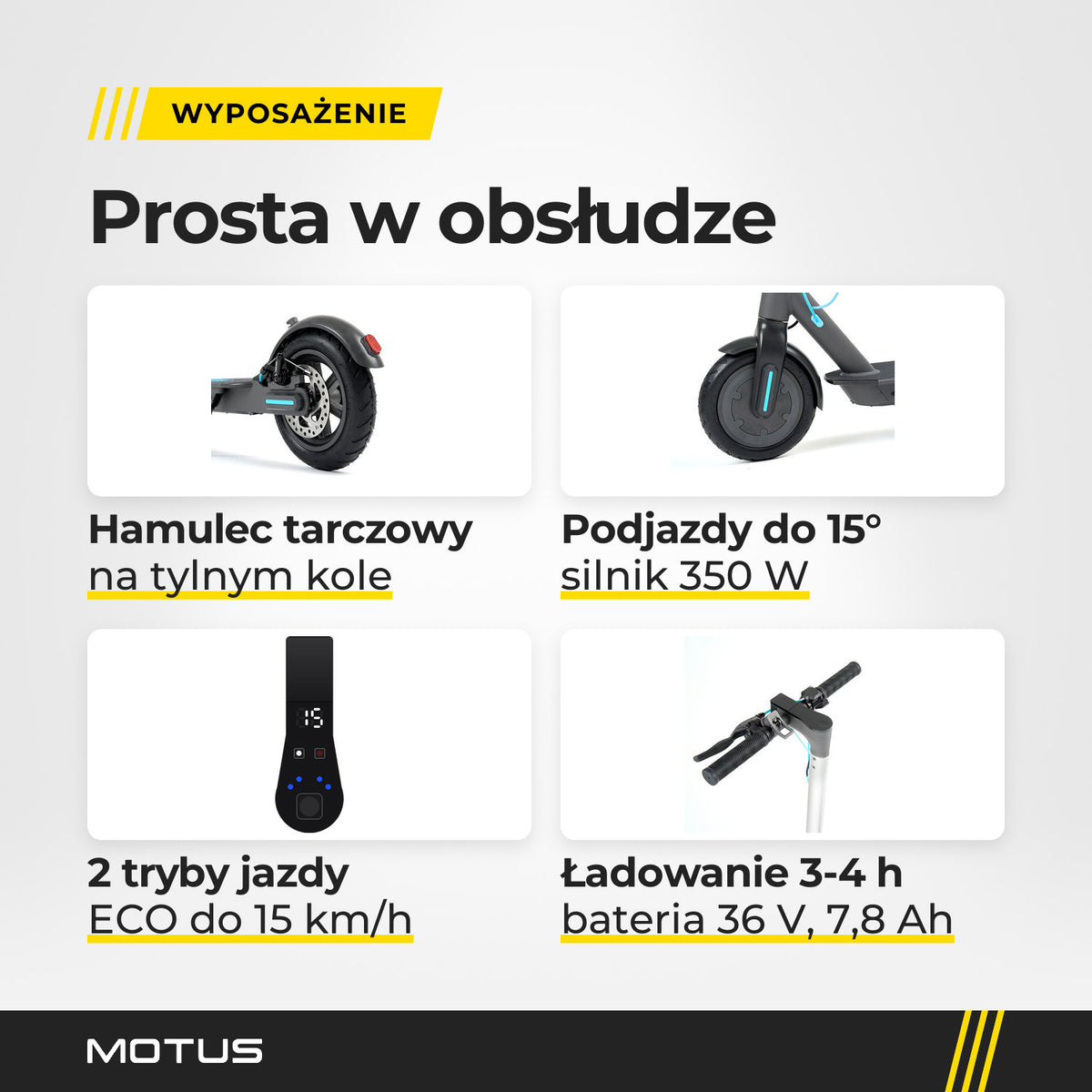 Zbliżenia MOTUS Scooty 8.5: hamulec tarczowy tylnego koła, przednie koło z silnikiem, schemat wyświetlacza z trybem ECO, kierownica z panelem.
