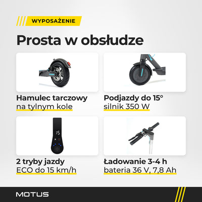 Zbliżenia MOTUS Scooty 8.5: hamulec tarczowy tylnego koła, przednie koło z silnikiem, schemat wyświetlacza z trybem ECO, kierownica z panelem.