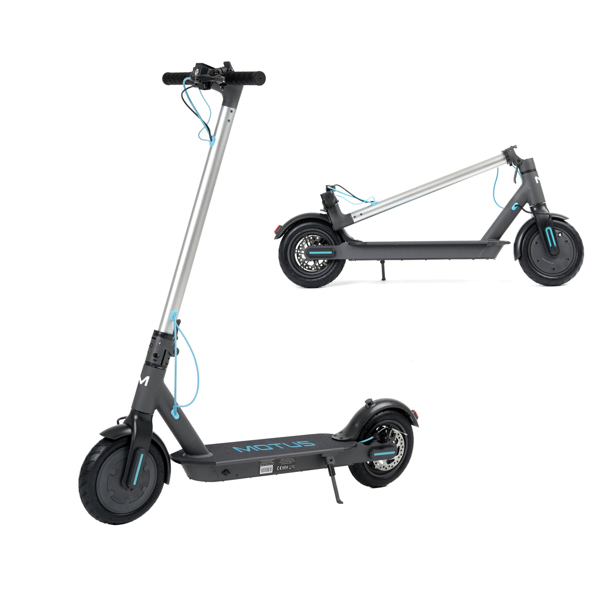 Hulajnoga elektryczna MOTUS Scooty 8.5 rozłożona i złożona, na białym tle.