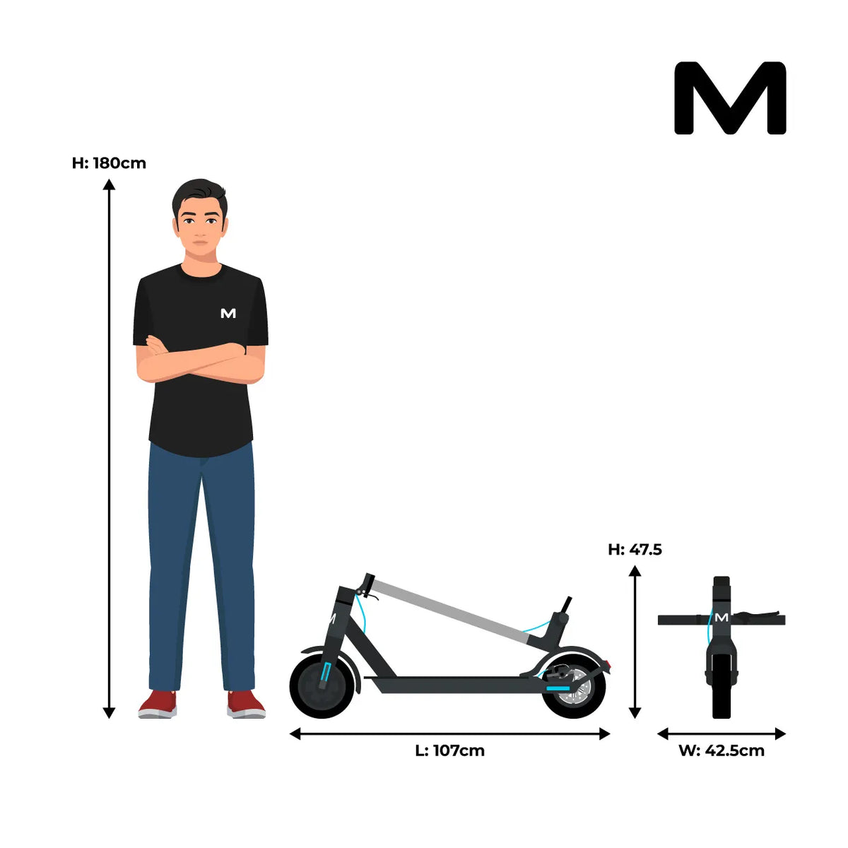 MOTUS Scooty 8.5 - po złożeniu, porównanie z sylwetką człowieka