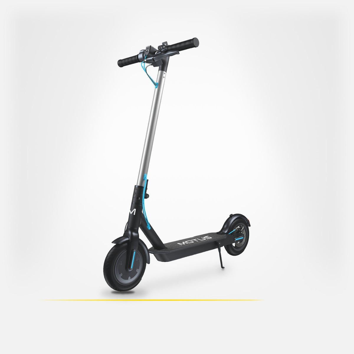 Hulajnoga elektryczna MOTUS Scooty 8.5, widok 3/4 z przodu: ciemna rama, srebrna kolumna i turkusowe linki, jasne studio.
