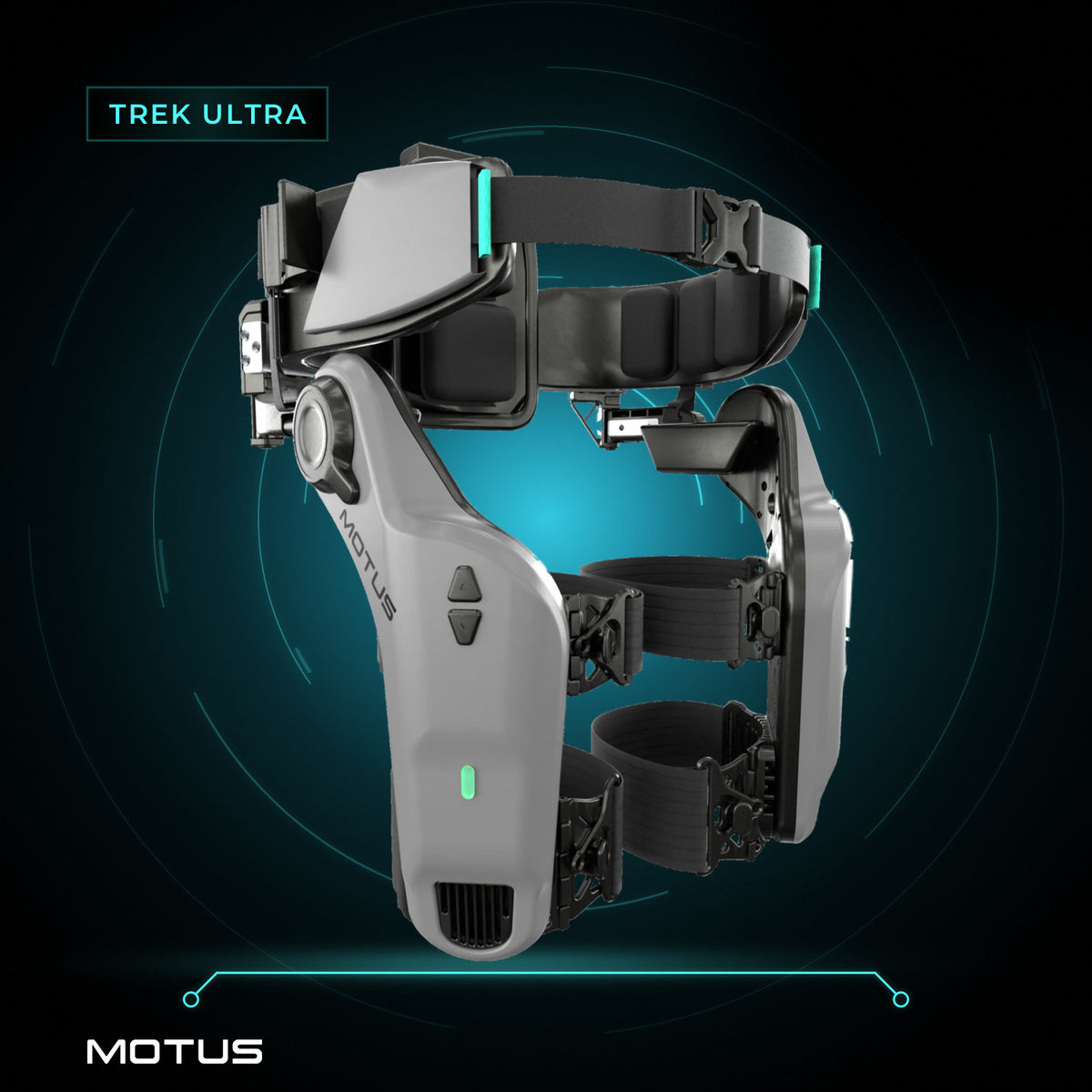 Egzoszkielet MOTUS Trek Ultra w widoku z przodu z lewej: szare moduły nóg z logo MOTUS, czarny pas biodrowy i paski na uda.