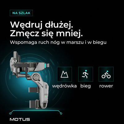 Egzoszkielet MOTUS Trek Ultra z boku: wspomaga ruch nóg w marszu i w biegu. Wędrówka, bieg, rower.