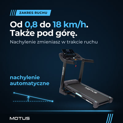 Bieżnia MOTUS ULTRA 100 z uniesioną platformą: prędkość od 0,8 do 18 km/h i automatyczne nachylenie zmieniane w trakcie ruchu.