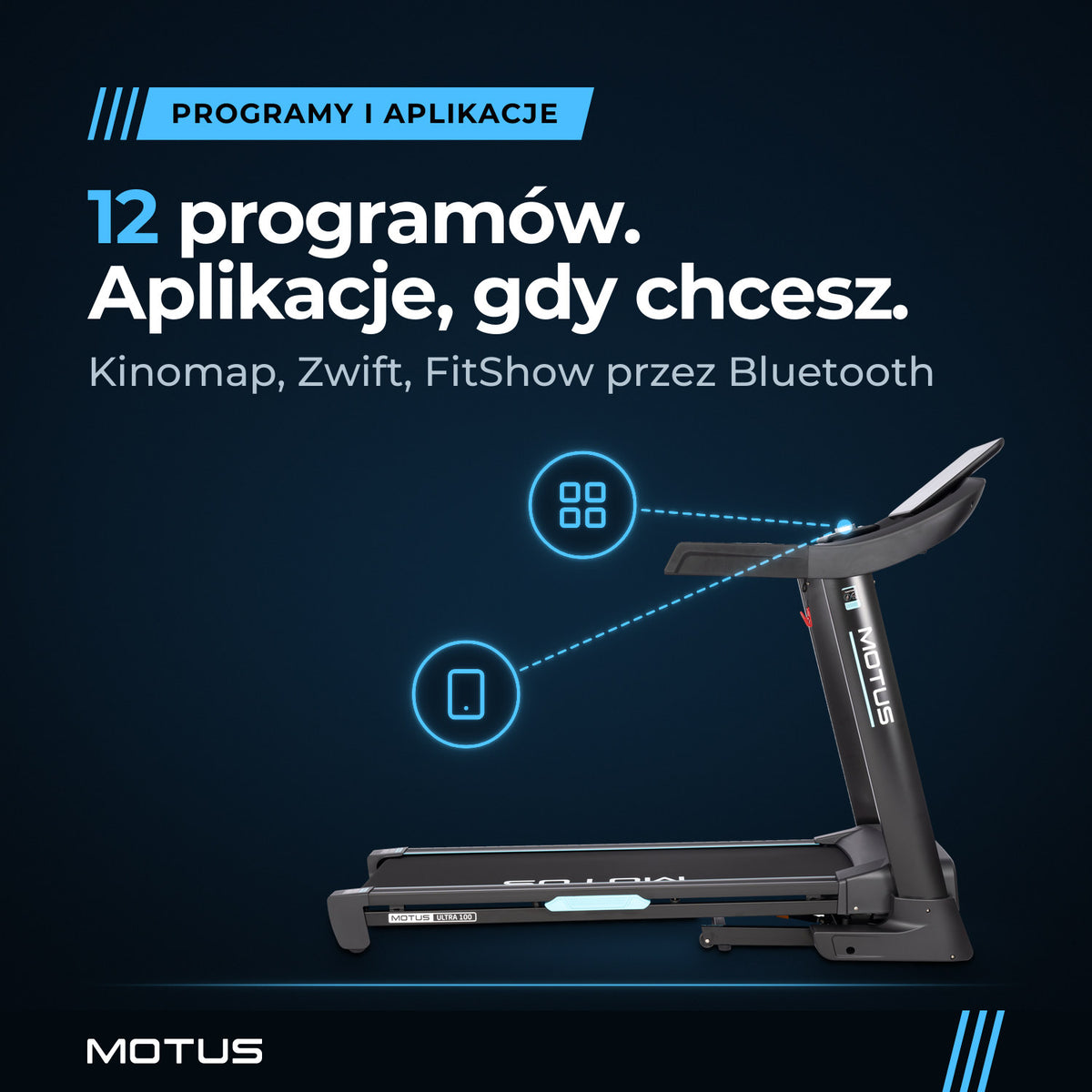 Bieżnia MOTUS ULTRA 100 z prawego boku: 12 programów oraz aplikacje Kinomap, Zwift i FitShow przez Bluetooth, ikony połączone z konsolą.
