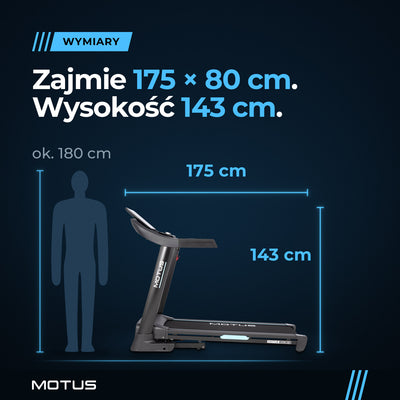 Bieżnia MOTUS ULTRA 100 obok postaci człowieka ok. 180 cm: długość 175 cm, szerokość 80 cm, wysokość 143 cm.
