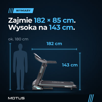 Bieżnia MOTUS ULTRA 200 obok postaci człowieka ok. 180 cm: długość 182 cm, szerokość 85 cm, wysokość 143 cm.