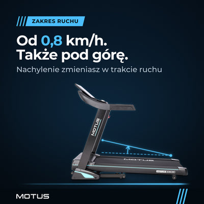 Bieżnia MOTUS ULTRA 200: prędkość od 0,8 km/h i automatyczne nachylenie zmieniane w trakcie ruchu, nad pasem schemat kąta nachylenia.