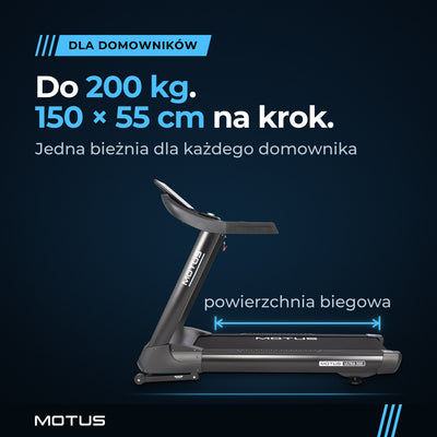 Bieżnia MOTUS ULTRA 300 dla domowników do 200 kg, powierzchnia biegowa 150 × 55 cm zaznaczona linią nad pasem.