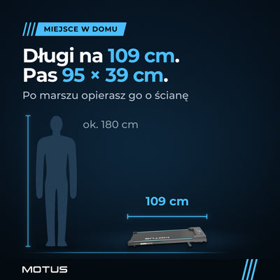 Walking pad MOTUS WALK 100 w widoku z boku obok postaci człowieka ok. 180 cm: długość 109 cm, pas 95 × 39 cm.