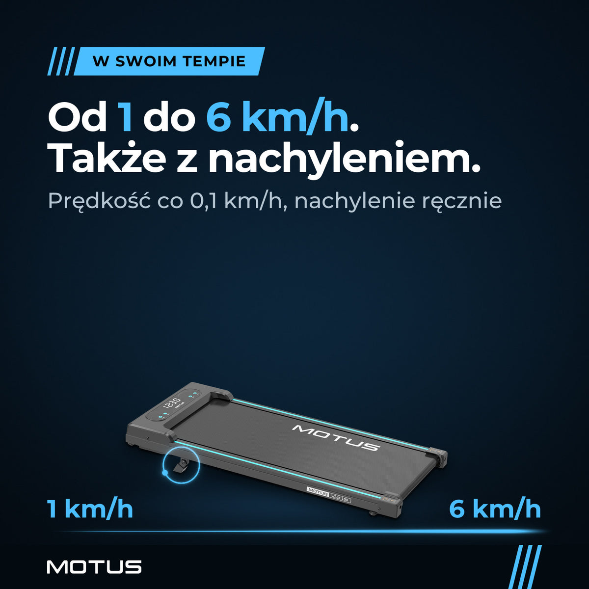 Walking pad MOTUS WALK 100 z rozłożoną stopką nachylenia: prędkość od 1 do 6 km/h zmieniana co 0,1 km/h i ręczna regulacja nachylenia.