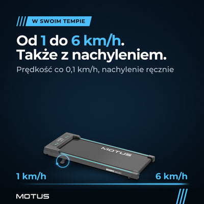 Walking pad MOTUS WALK 100 z rozłożoną stopką nachylenia: prędkość od 1 do 6 km/h zmieniana co 0,1 km/h i ręczna regulacja nachylenia.