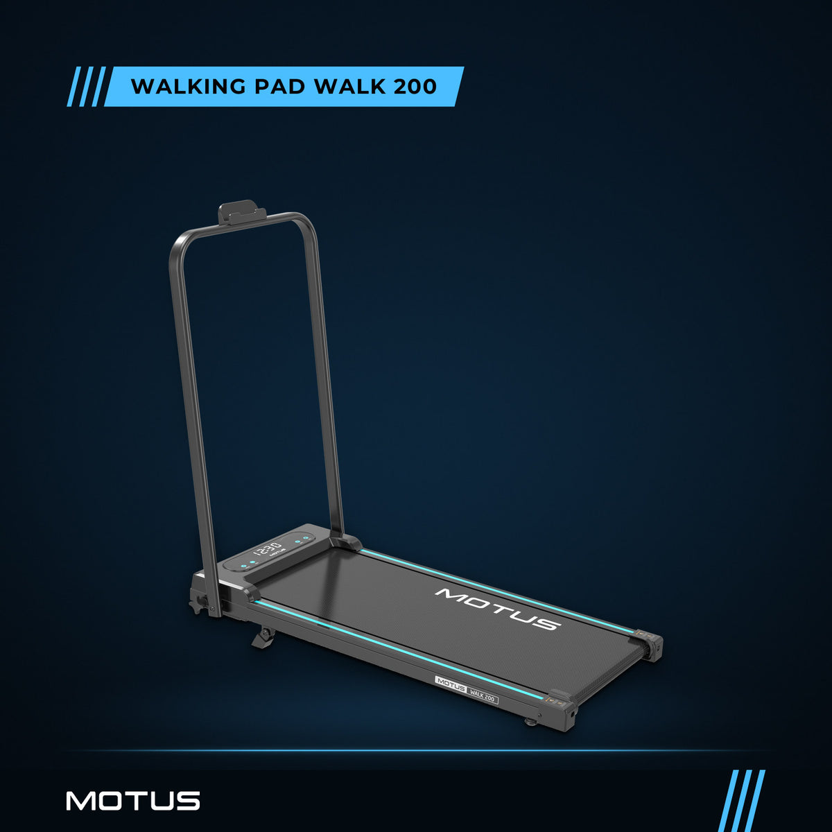 Walking pad MOTUS WALK 200 ze składaną poręczą w górze, widok z ukosa na granatowym tle.