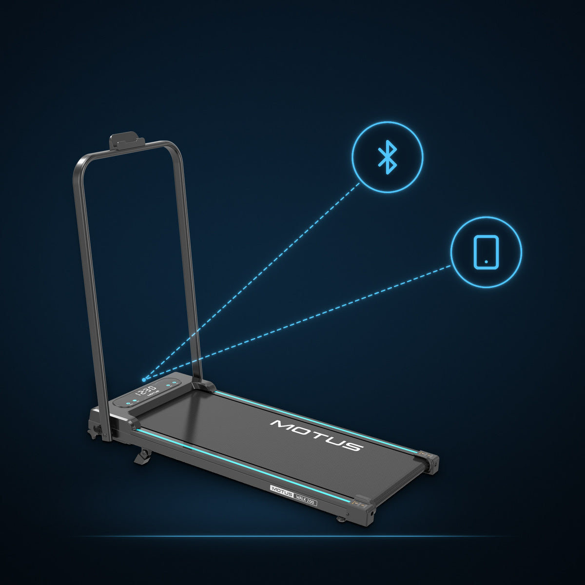 Walking pad MOTUS WALK 200, znad konsoli prowadzą niebieskie linie do ikon Bluetooth i telefonu.