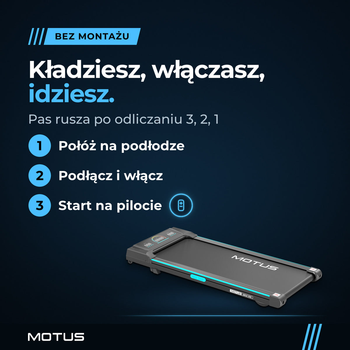 Walking pad MOTUS WALK 300 bez montażu, w 3 krokach: połóż na podłodze, podłącz i włącz, naciśnij start na pilocie. Pas rusza po odliczaniu 3, 2, 1.