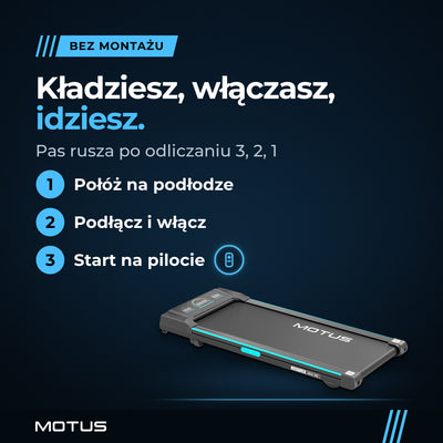 Walking pad MOTUS WALK 300 bez montażu, w 3 krokach: połóż na podłodze, podłącz i włącz, naciśnij start na pilocie. Pas rusza po odliczaniu 3, 2, 1.
