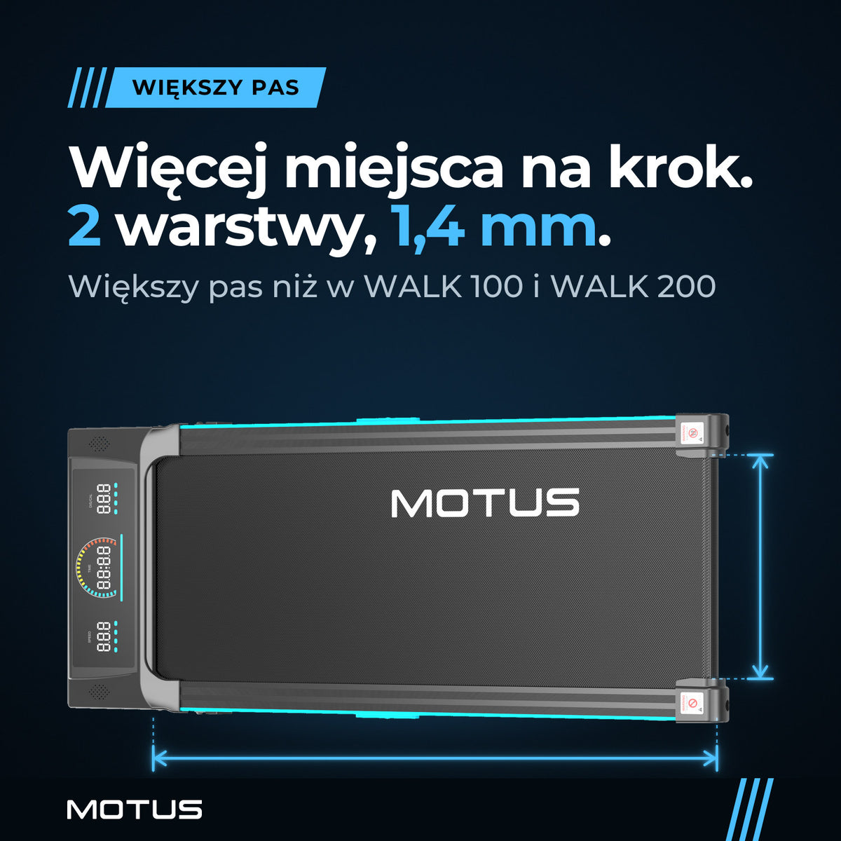 Walking pad MOTUS WALK 300 z góry: pas większy niż w WALK 100 i WALK 200, dwuwarstwowy, 1,4 mm grubości.