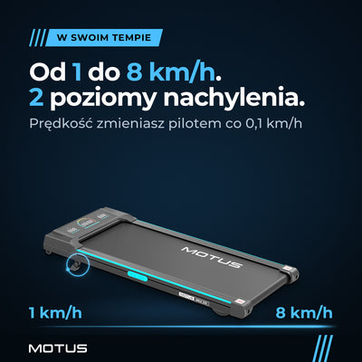 Walking pad MOTUS WALK 300 z rozłożoną stopką nachylenia: prędkość od 1 do 8 km/h zmieniana pilotem co 0,1 km/h i ręczne nachylenie w 2 poziomach.