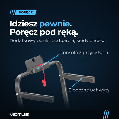 Poręcz walking pada MOTUS WALK 400 z bliska: dwa boczne uchwyty i konsola z przyciskami na górnej belce, czerwony klucz bezpieczeństwa.