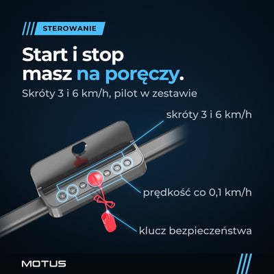 Konsola walking pada MOTUS WALK 400 na poręczy: przyciski start, stop, plus, minus oraz skróty 3 i 6 km/h, czerwony klucz bezpieczeństwa z klipsem.