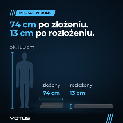 Walking pad MOTUS WALK FOLD obok postaci człowieka ok. 180 cm: po rozłożeniu 13 cm wysokości, po złożeniu 74 cm długości.