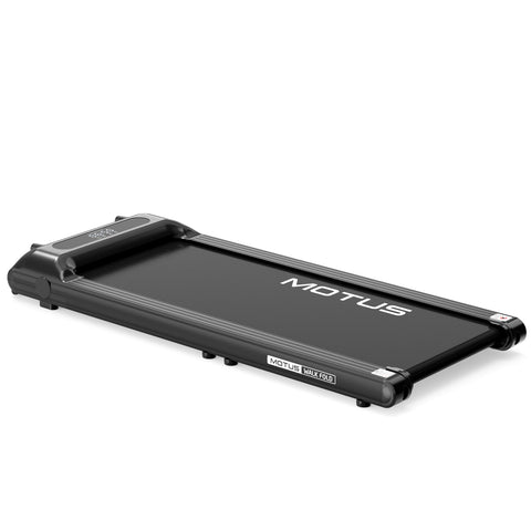 Walking pad MOTUS WALK FOLD rozłożony, widok z góry z boku, na białym tle.