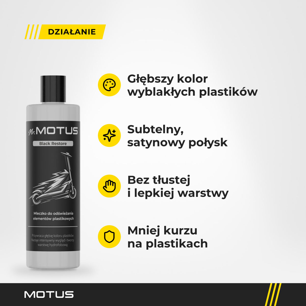 Działanie mleczka Mr. MOTUS Black Restore: głębszy kolor plastików, satynowy połysk bez tłustej warstwy i mniej osiadającego kurzu.