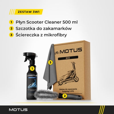 Zestaw Mr. MOTUS BOX na jasnym tle z opisanymi elementami: płyn Scooter Cleaner 500 ml w sprayu, szczotka, ściereczka z mikrofibry i karton.