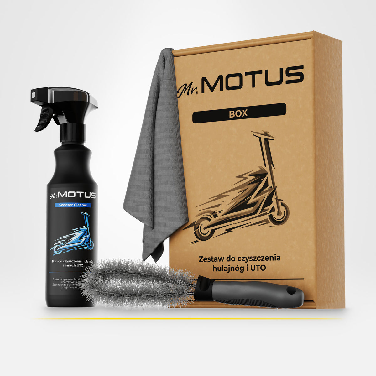 Zestaw Mr. MOTUS BOX z bliska: karton z napisem Zestaw do czyszczenia hulajnóg i UTO, butelka płynu Scooter Cleaner, szczotka i ściereczka.