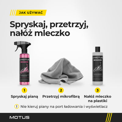 Trzy kroki z zestawem Mr. MOTUS Finish BOX: piana Surface Finish, przecieranie ściereczką z mikrofibry i mleczko Black Restore na plastiki.