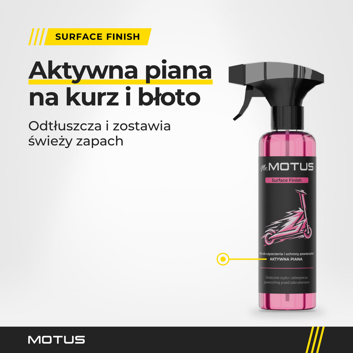 Butelka Surface Finish z zestawu Mr. MOTUS Finish BOX: płyn do czyszczenia i ochrony powierzchni w formie aktywnej piany, ze spryskiwaczem.