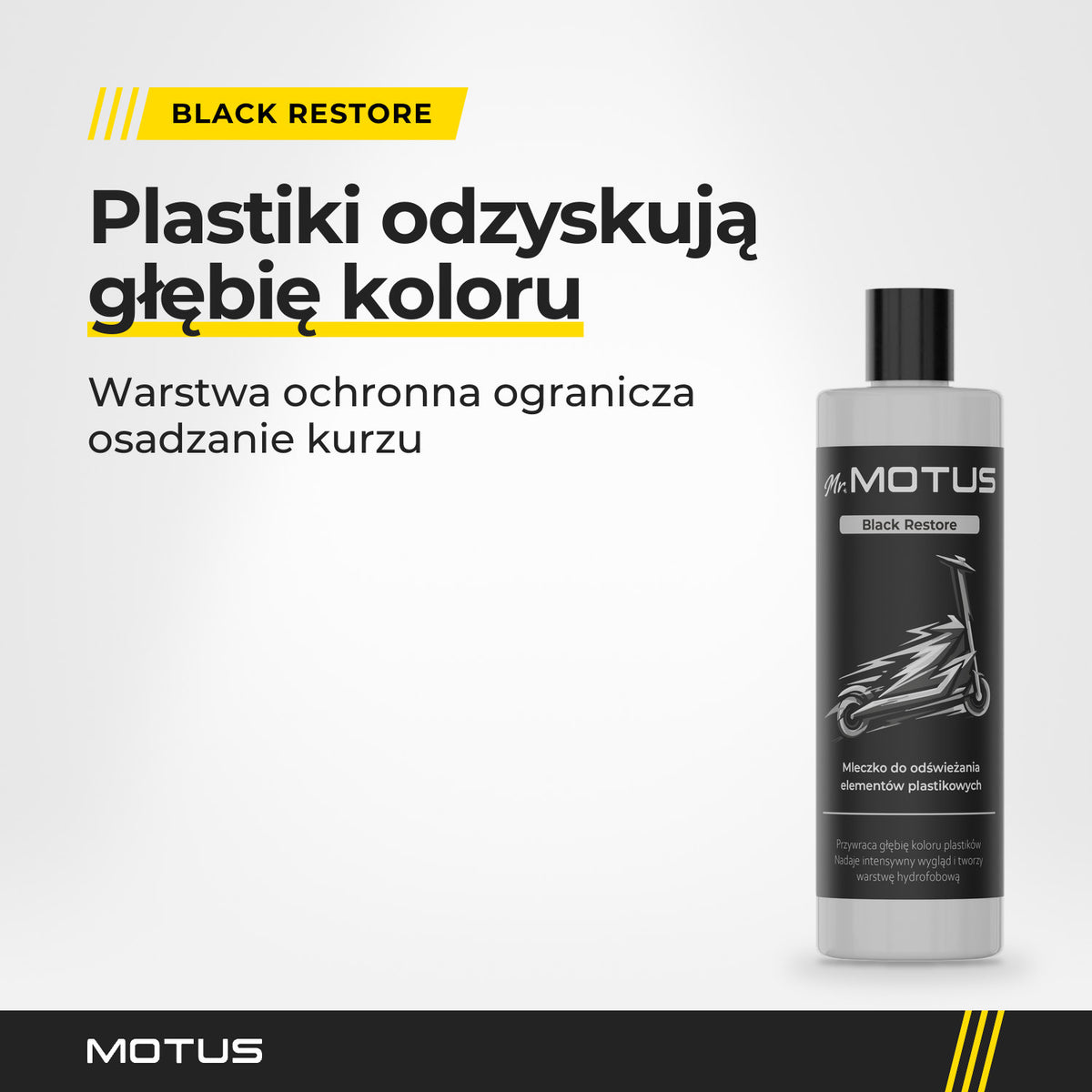 Butelka Black Restore z zestawu Mr. MOTUS Finish BOX: mleczko do odświeżania elementów plastikowych.