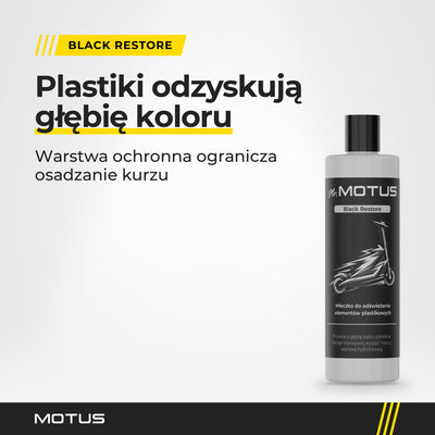 Butelka Black Restore z zestawu Mr. MOTUS Finish BOX: mleczko do odświeżania elementów plastikowych.