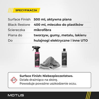 Specyfikacja zestawu Mr. MOTUS Finish BOX: Surface Finish 500 ml, Black Restore 400 ml, ściereczka z mikrofibry i ostrzeżenia dla Surface Finish.