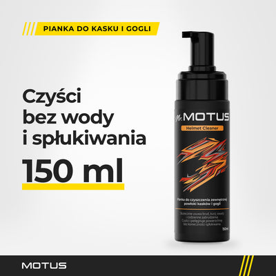 Otwarta butelka pianki Mr. MOTUS Helmet Cleaner 150 ml z dozownikiem z pompką w jasnym studiu, etykieta z napisem o czyszczeniu kasków i gogli.