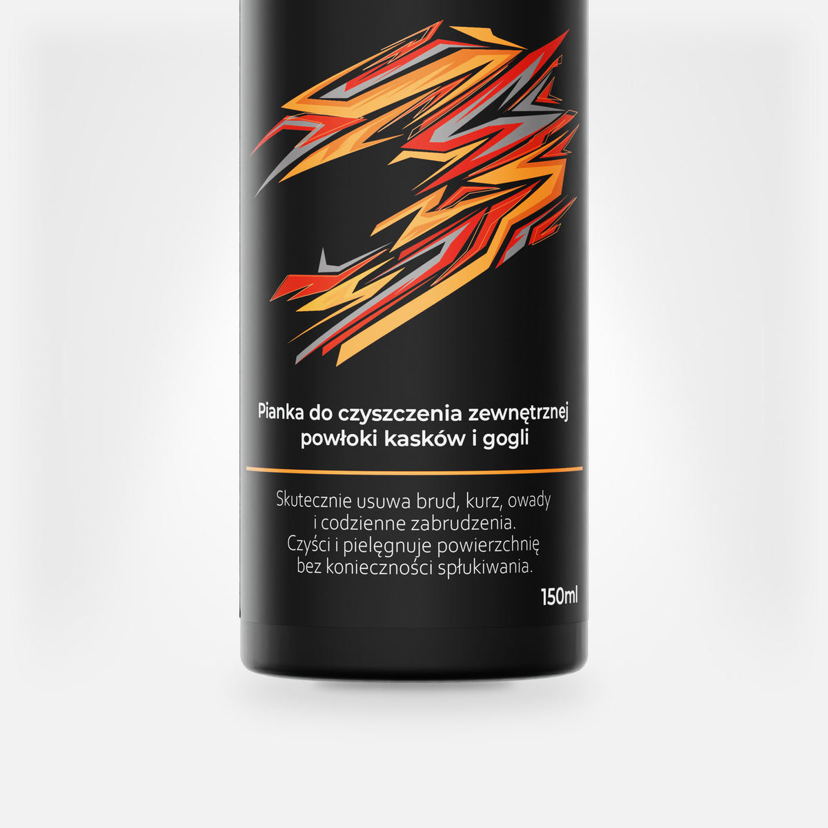 Dolna część butelki Mr. MOTUS Helmet Cleaner z etykietą: Pianka do czyszczenia zewnętrznej powłoki kasków i gogli, 150 ml.