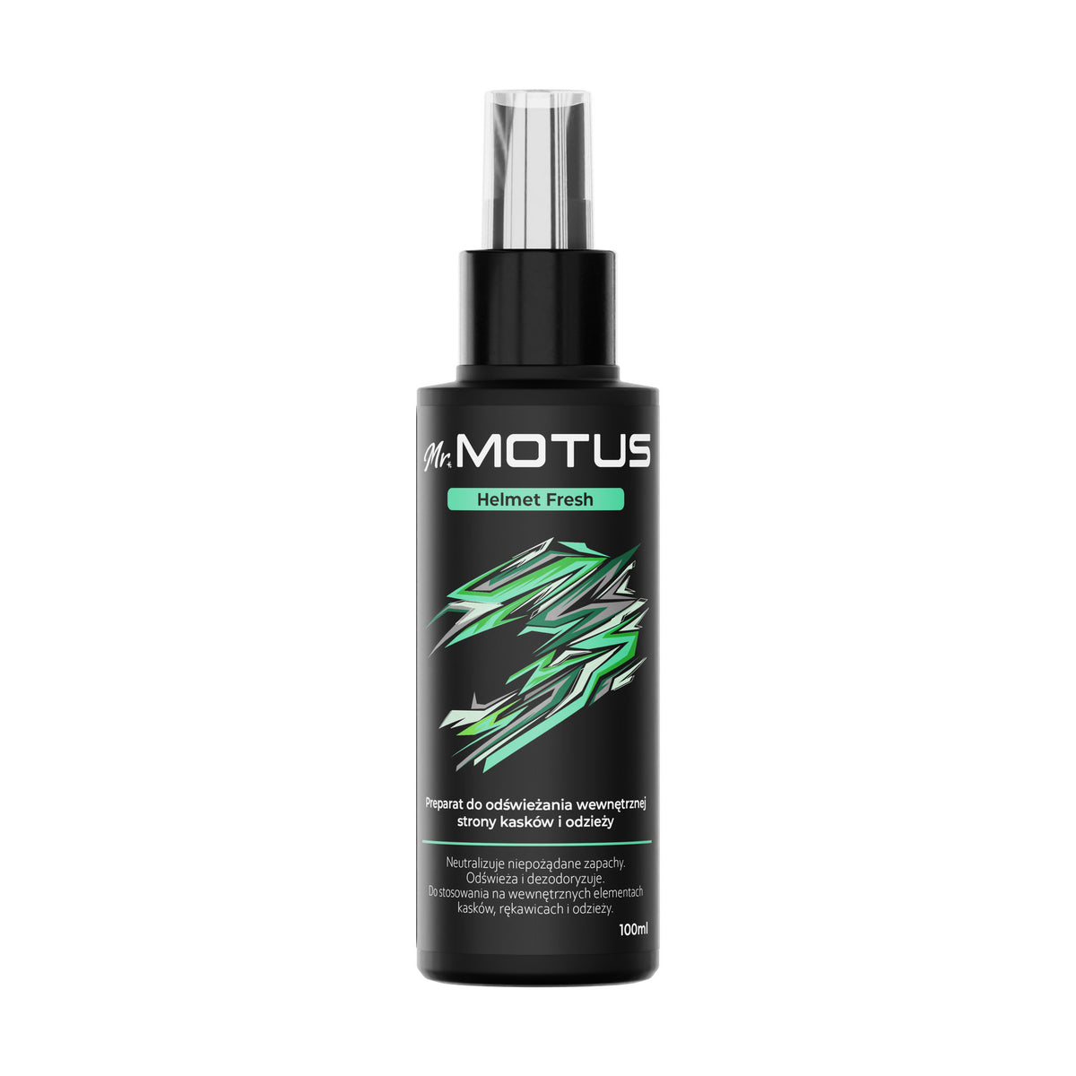 Butelka Mr. MOTUS Helmet Fresh 100 ml z atomizerem i przezroczystą nasadką, na białym tle.