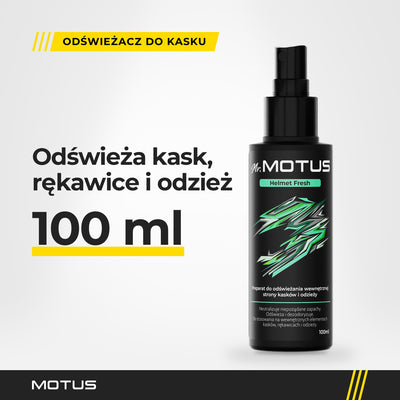 Odświeżacz do kasku Mr. MOTUS Helmet Fresh 100 ml z atomizerem w jasnym studiu, do kasku, rękawic i odzieży.