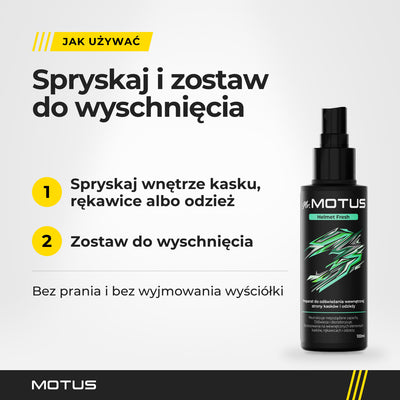 Jak używać Mr. MOTUS Helmet Fresh: spryskaj wnętrze kasku, rękawice albo odzież i zostaw do wyschnięcia, bez prania.