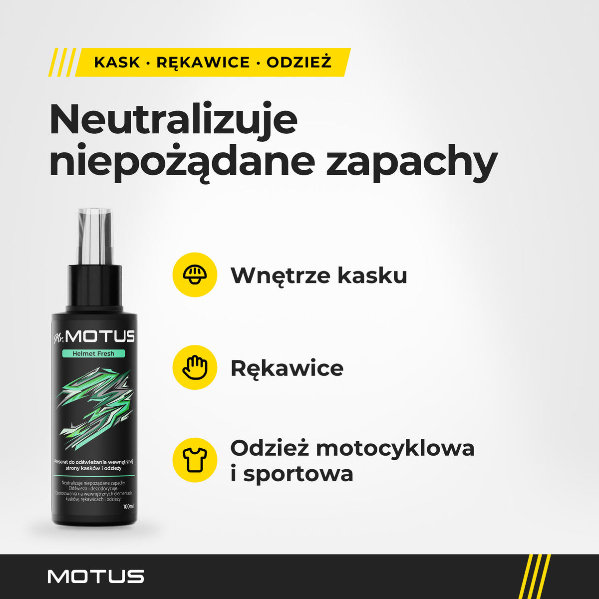 Mr. MOTUS Helmet Fresh neutralizuje niepożądane zapachy we wnętrzu kasku, w rękawicach oraz w odzieży motocyklowej i sportowej.