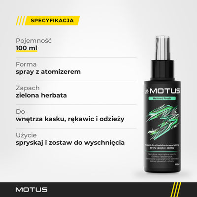 Specyfikacja Mr. MOTUS Helmet Fresh: 100 ml, spray z atomizerem, zapach zielonej herbaty, do wnętrza kasku, rękawic i odzieży.